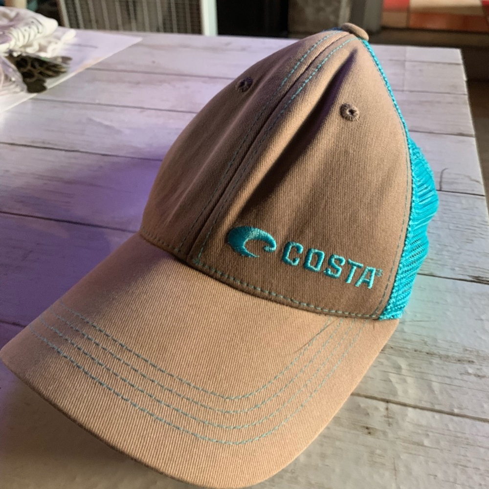 Costa Mesh Trucker Hat in Brown and Turquoise